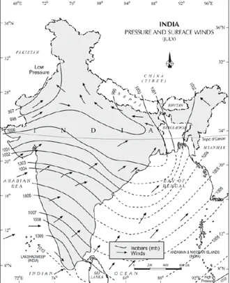 Pressures and Surface wind (July)