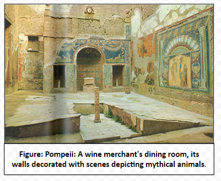 Pompeii: A wine merchant's dining room, its walls decorated with scenes depicting mythical animals.