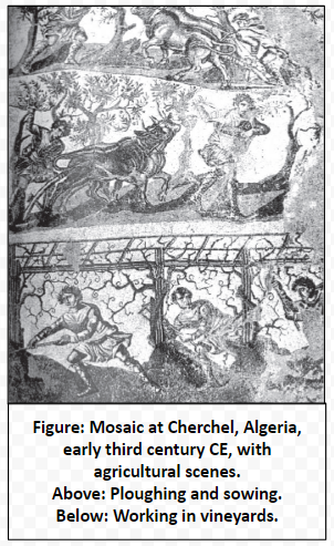 Mosaic at Cherchel, Algeria, early third century CE, with agricultural scenes. Above: Ploughing and sowing. Below: Working in vineyards.