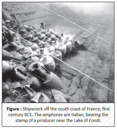 Shipwreck off the south coast of France, first century BCE. The amphorae are Italian, bearing the stamp of a producer near the Lake of Fondi.