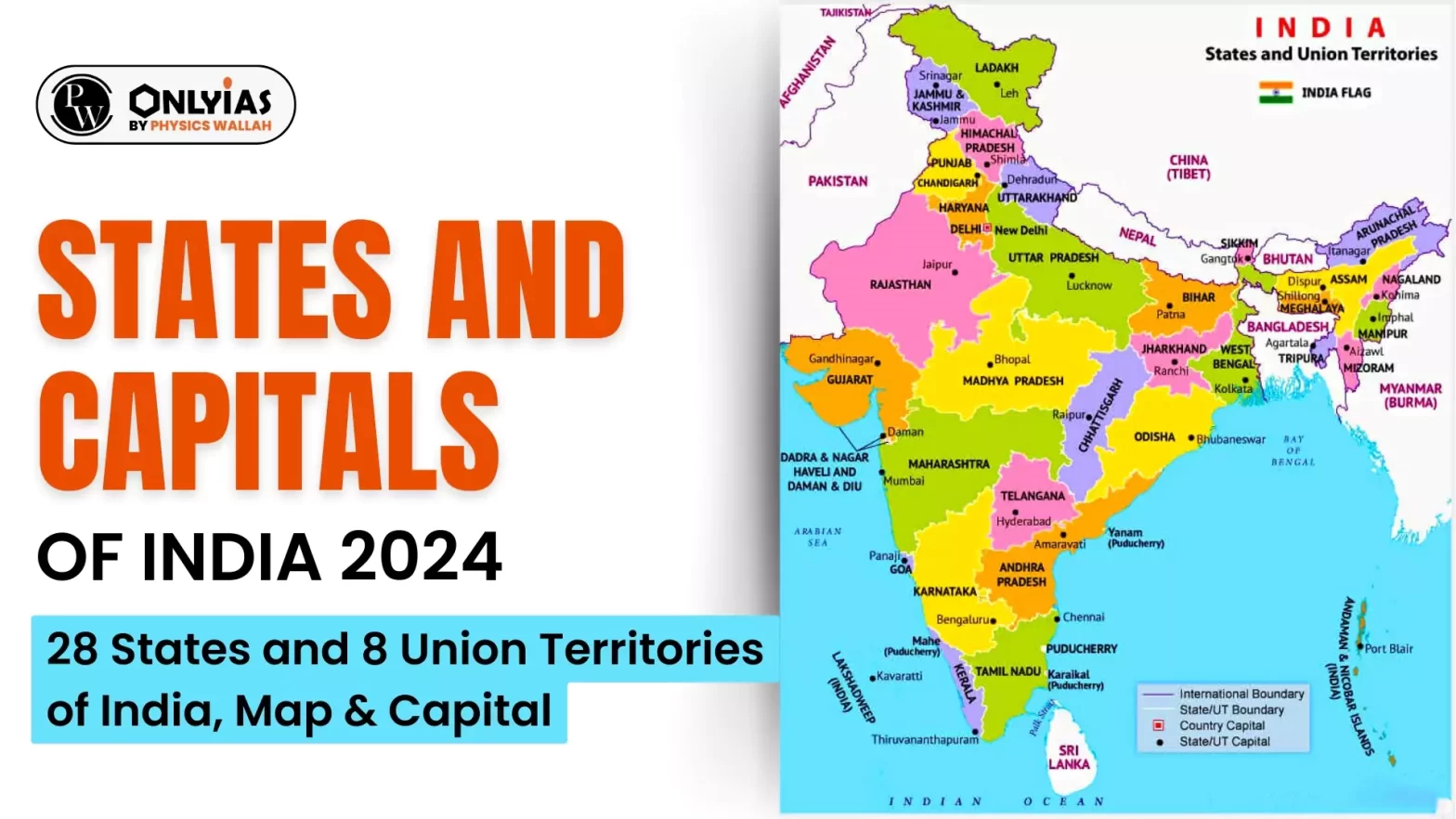 States and Capitals of India 2024, 28 States and 8 Union Territories of India, Map & Capital