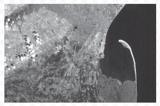 A satellite picture of a part of Godavari river delta showing a spit