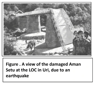 A view of the damaged Aman Setu at the LOC in Uri, due to an earthquake