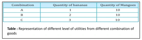 Representation of different level of utilities from different combination of goods