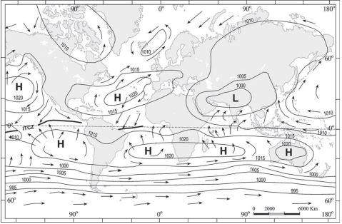 Fig. Distribution of pressure (in millibars) — July 