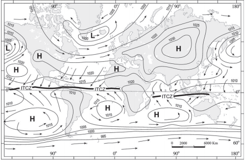 Fig. Distribution of pressure (in millibars) — January 