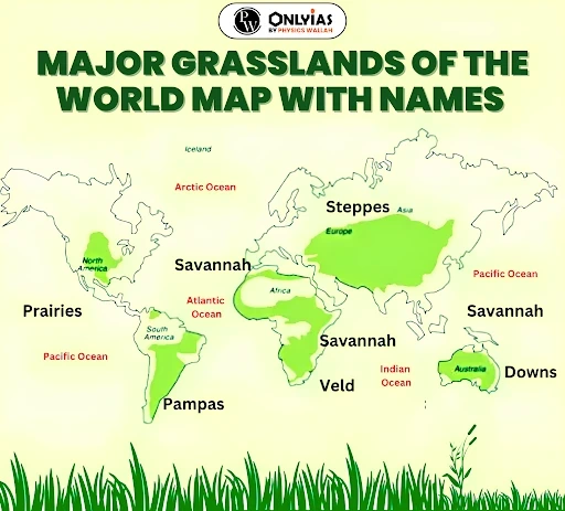 Major Grasslands of the world map with Names