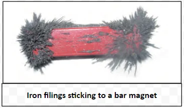 Iron filings sticking to a bar magnet 
