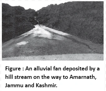 An alluvial fan deposited by a hill stream on the way to Amarnath, Jammu and Kashmir. 