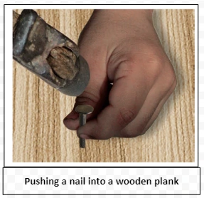 Pushing a nail into a wooden plank 