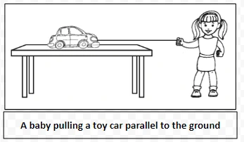 A baby pulling a toy car parallel to the ground 