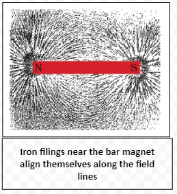 Iron filings near the bar magnet align themselves along the field lines