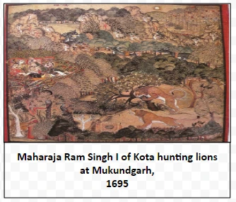 Maharaja Ram Singh I of Kota hunting lions at Mukundgarh, 1695
