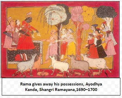 Rama gives away his possessions, Ayodhya Kanda, Shangri Ramayana,1690–1700