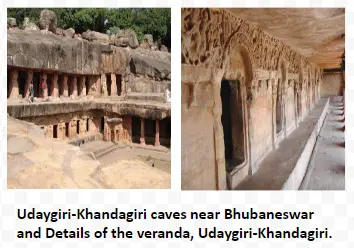 Udaygiri-Khandagiri caves near Bhubaneswar and Details of the veranda, Udaygiri-Khandagiri.