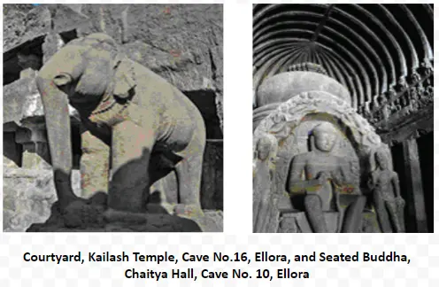 Courtyard, Kailash Temple, Cave No.16, Ellora, and Seated Buddha, Chaitya Hall, Cave No. 10, Ellora