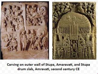 Carving on outer wall of Stupa, Amaravati, and Stupa drum slab, Amravati, second century CE