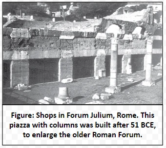 Shops in Forum Julium, Rome. This piazza with columns was built after 51 BCE, to enlarge the older Roman Forum.