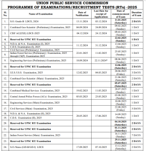 UPSC Calendar 2025